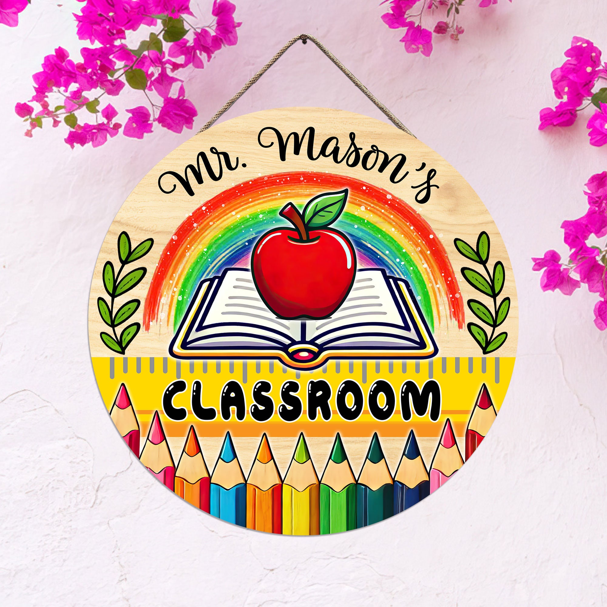Custom Classroom Wood Sign Round, Teacher Door Sign for School, Back To School Decor, Teacher Gift, Classroom Door Hanger Colorful