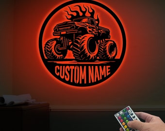 Custom Monster Truck Driver Metal Wall Art with LED Lights, Personalized Fire Flame Off Road Vehicle Name Sign, Truck Decor, Gift For Dad
