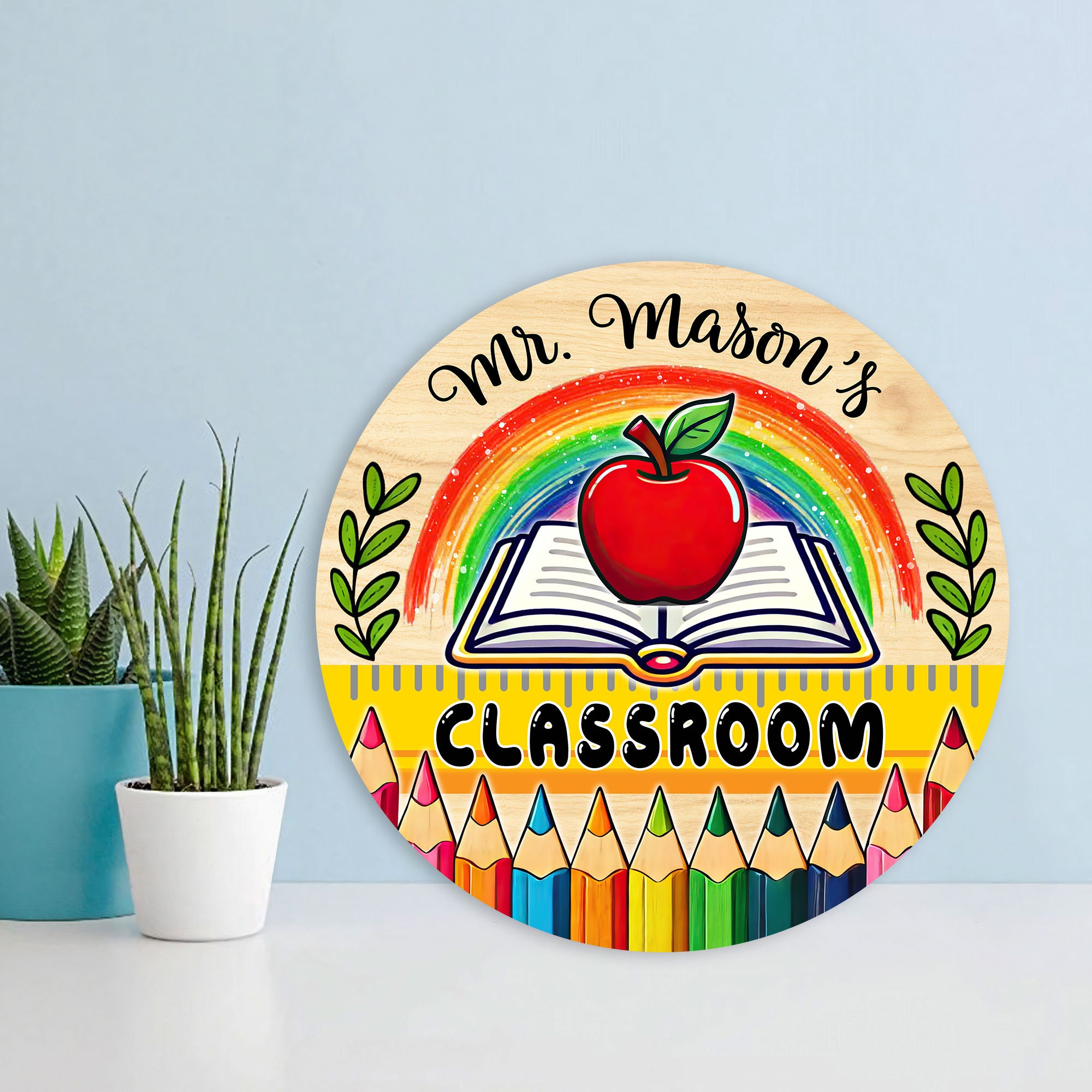 Custom Classroom Wood Sign Round, Teacher Door Sign for School, Back To School Decor, Teacher Gift, Classroom Door Hanger Colorful