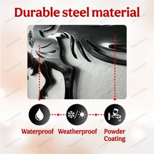 May include: A black metal silhouette of a running horse with a durable steel construction. The image shows the horse is waterproof, weatherproof, and has a powder coating.