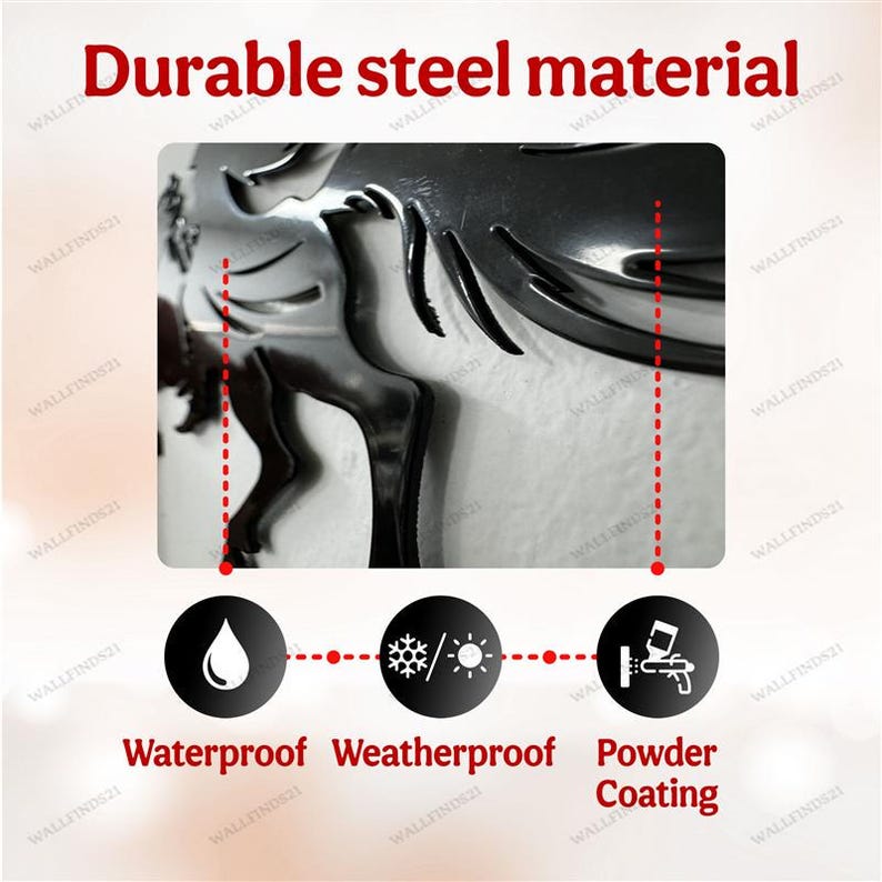 May include: A black metal silhouette of a running horse with a durable steel construction. The image shows the horse is waterproof, weatherproof, and has a powder coating.