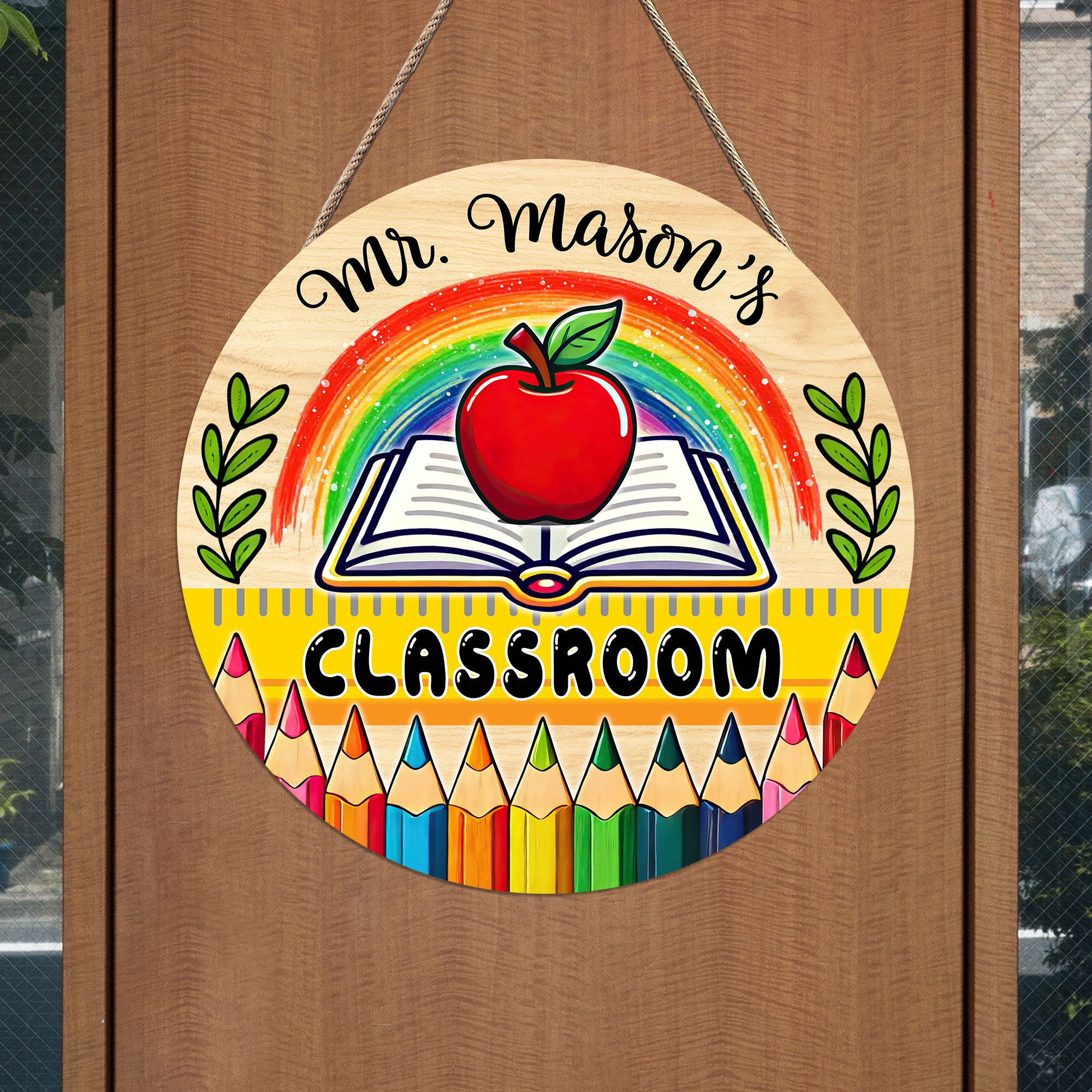 Custom Classroom Wood Sign Round, Teacher Door Sign for School, Back To School Decor, Teacher Gift, Classroom Door Hanger Colorful