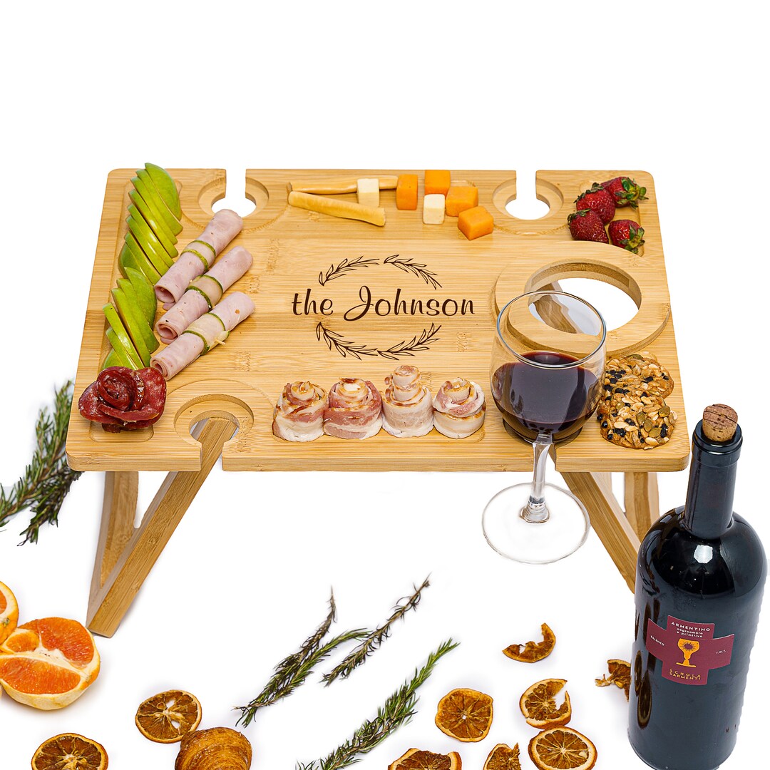 Engraved Picnic Wine Table Personalized Bamboo Picnic Table With Bottle