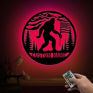 Custom Bigfoot US Flag Metal Wall Art with LED Lights, Personalized Sasquatch Name Sign, Sasquatch Wall Decor, Wall Hanging, Unique Wall Art