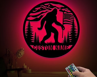 Custom Bigfoot US Flag Metal Wall Art with LED Lights, Personalized Sasquatch Name Sign, Sasquatch Wall Decor, Wall Hanging, Unique Wall Art
