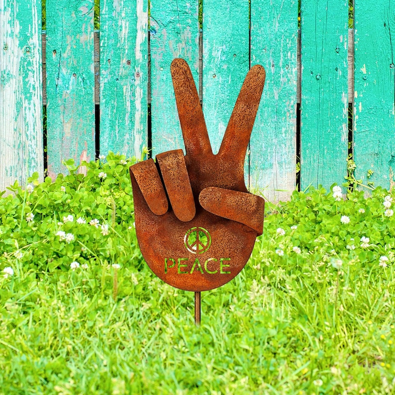 Metal Peace Sign Hand Garden Stake, Hands Metal Yard Art, Hand Gesture ...
