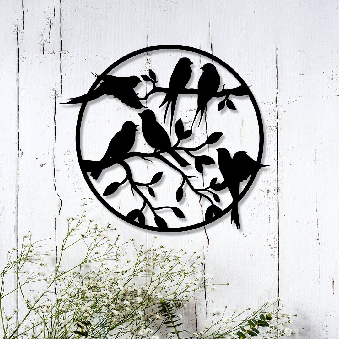 Flock of Birds Metal Wall Art, Birds on Branch Indoor Outdoor Sign ...