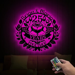 25th Anniversary Metal Sign with Light, 25th Wedding Anniversary Gift For Couple, Wedding Monogram Sign, Anniversary Gift For Parents
