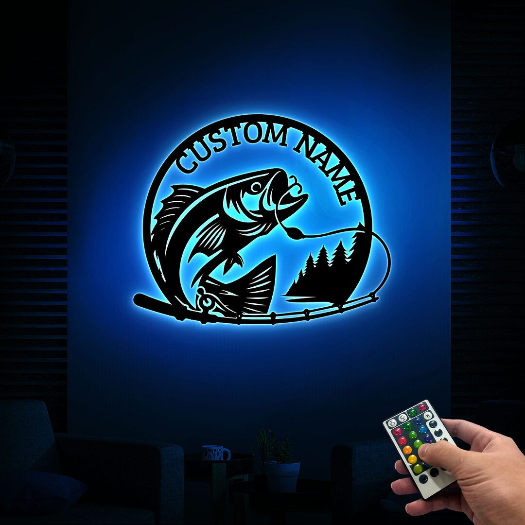Personalized Fishing Metal Wall Art With Led Lights, Custom Fishing ...