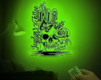 Personalized Skull Tattoo Machine Wall Art with Led Lights, Custom Tattoo Artist Name Sign, Tattoo Artist Gift, Tattoo Shop Decor