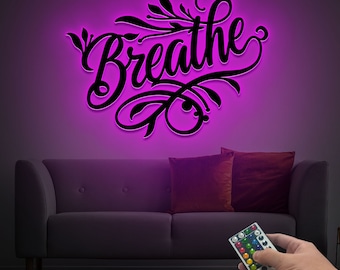 Breathe Metal Wall Art with Led Lights, Breathe Metal Sign, Breathe Wall Decor, Housewarming Gift, Metal Wall Art Words, Farmhouse Decor