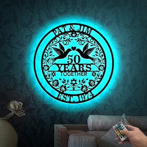 50 Year Anniversary Metal Wall Art with Led Lights, Wedding Anniversary Metal Sign, Parents Anniversary, Doves Sign, 50th Anniversary Gift