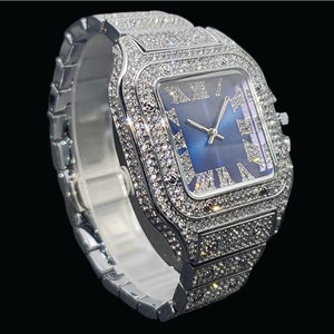 Luxury Iced Out Square Body Blue Detailed Watch, Bust Down, Hip Hop ...