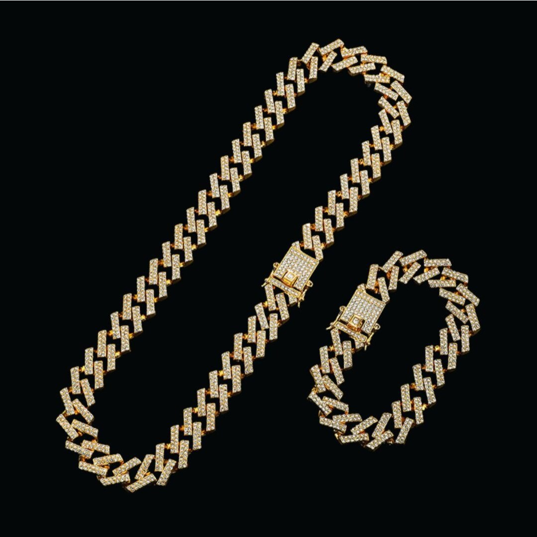 15mm 18K Gold Plated CZ Crystal Iced Out Necklace & Bracelet SET