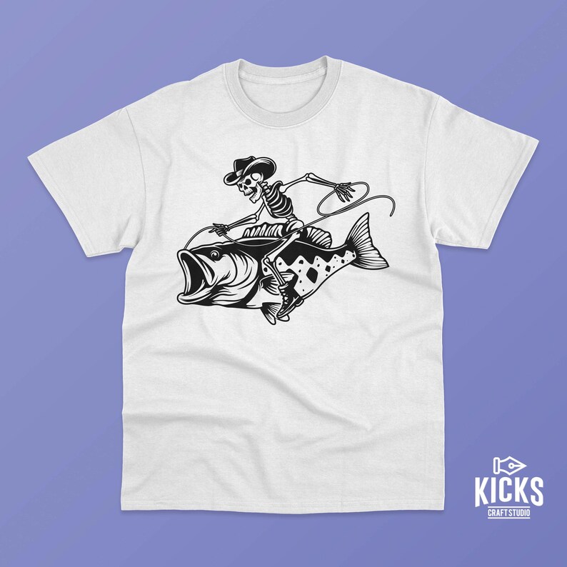 Skeleton Riding a Bassfish Svg | Fisherman Riding Fish Skeleton Svg ...