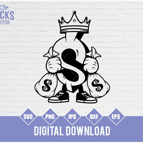 Money King svg, US Dollar Sign Clipart, Money Bag Cut File, Rich Hipster Stencil, Cool Kids Gangster dxf, Dollar Bill Mascot T-shirt Design