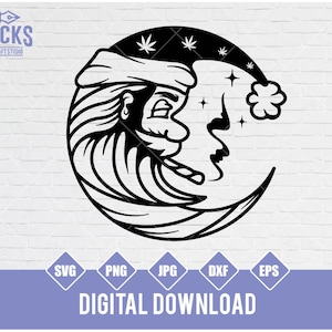 May include: Black and white illustration of a crescent moon with a face. The moon is smoking a joint and has a marijuana leaf on its head. There are stars and a cloud in the background.