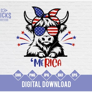 Highland Cow 4th of July SVG: American Flag Heifer Clipart (Digital Download)