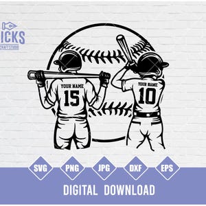 May include: Black and white silhouette of two baseball players standing in front of a baseball. The players are wearing jerseys with the numbers 15 and 10. The text "YOUR NAME" is above each number.