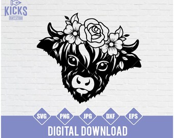 Baby Highland Cow with Flower Crown SVG, PNG (Digital Download)