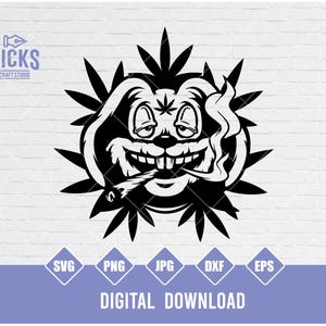 May include: Black and white illustration of a cartoon rabbit smoking a joint with a marijuana leaf design. The rabbit has a mischievous grin and is surrounded by marijuana leaves.