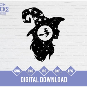 May include: Black and white silhouette of a witch with a hat decorated with marijuana leaves. The witch is flying on a broomstick inside a circle with stars.