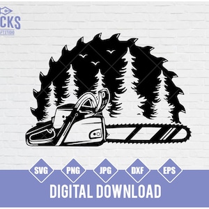 May include: Black and white silhouette of a chainsaw with a saw blade in the background. The saw blade is surrounded by a forest of pine trees.