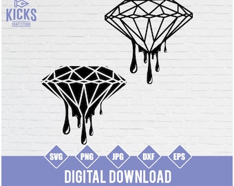 Könnte beinhalten: Ein schwarz-weißes Grafikdesign eines Diamanten mit tropfenden Linien. Der Diamant ist eine geometrische Form mit einer spitzen Oberseite und einer flachen Unterseite. Die tropfenden Linien sind schwarz und erstrecken sich von der Unterseite des Diamanten.