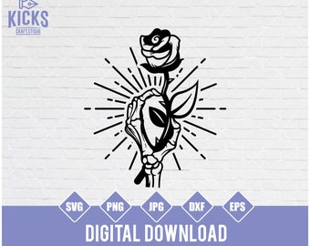 Skeleton Hand Holding Rose SVG: Skull Tattoo Design (Digital Download)