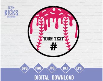 May include: A baseball design with a pink, dripping paint effect, black outline, and red stitching. The design includes the text "YOUR TEXT" and a hashtag symbol. The image is a digital download.