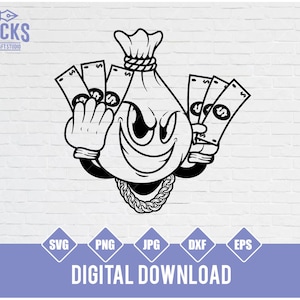 Bag of Cash Character Holding Bags of Cash Evil Teeth Smiling Evil Eyes Cartoon Outline Bw Illustration Money Hustle SVG Cutting PNG JPG