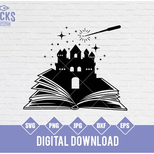 May include: A black and white silhouette of a castle rising from an open book with stars and a magic wand above. The image is a digital download.