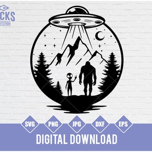 Pie Grande y extraterrestre bajo la luna (Svg), Pie Grande (Svg), Extraterrestre (Svg), OVNI (Svg), Yeti (Svg), Cricut y silueta, imprimible, vector, PNG, DXF, EPS
