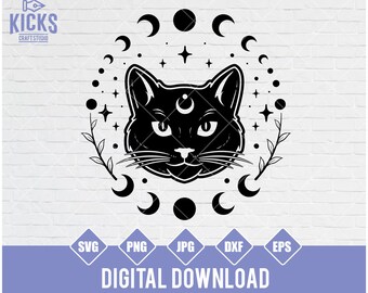 Magic Cat & Moon Phases SVG: Witchcraft Illustration (Digital Download)