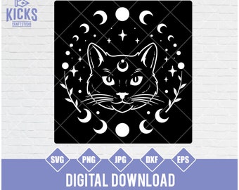 Cat and Moon Phases SVG: Magic Witchcraft Illustration (Digital Download)