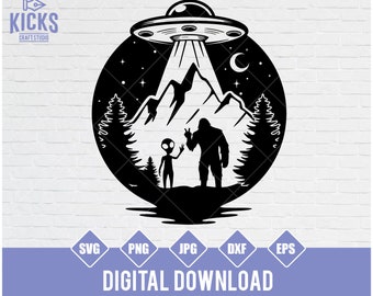 Bigfoot and Alien Under Moon SVG: UFO Vector Graphics (Digital Download)