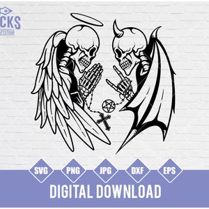 Angel Devil Skull svg, Good and Bad Clipart, Saint and Demon Cut File, Halloween Shirt png, Love and Death Stencil, Heaven Hell T-shirt png