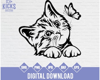 Gatinho com borboleta em SVG, Clipart de gato espiando (Download digital)