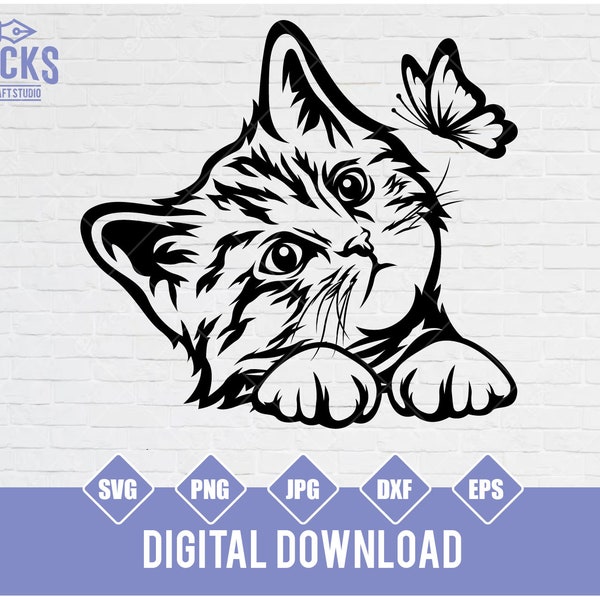 Cute Cat SVG, Curious Kitten Clipart, Cat Svg, Cat with Butterfly Svg, Peeking face Svg, Cute Cat Svg Cut Files for Cricut, Png Dxf