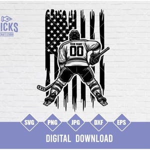 May include: Black and white silhouette of a hockey player wearing a jersey with the text "YOUR NAME" and the number "00" on the back. The player is standing in front of a distressed American flag.