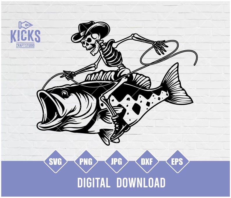 Skeleton Riding a Bassfish Svg | Fisherman Riding Fish Skeleton Svg ...