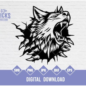 Puede incluir: Gráfico de descarga digital en blanco y negro que representa un lobo gruñendo rompiendo una pared. La imagen incluye el texto "Kicks Craft Studio" e iconos de tipo de archivo para SVG, PNG, JPG, DXF y EPS. También están presentes las palabras "DESCARGA DIGITAL".