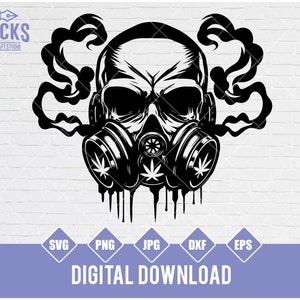 Pode incluir: Ilustração em preto e branco de uma caveira usando uma máscara de gás com folhas de maconha nas laterais. Saem rastros de fumaça do topo da cabeça da caveira.