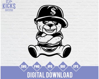 Gangster Teddy svg, Cool Kid Hipster Bear Clipart, Gangster Animal Clipart, Bundle of Money Stencil, Dollar Sign Glasses DXF