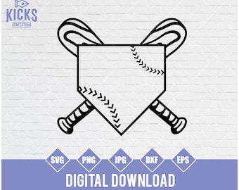 May include: Black and white illustration of a baseball home plate with two crossed baseball bats. The home plate has stitching details.