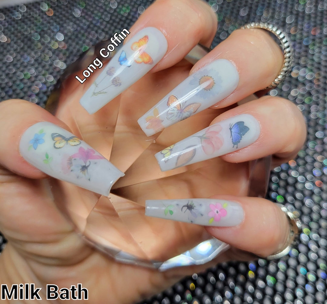 Milk Bath Nails, Coffin Nails, Milky White Nails,spring, Flowers Etsy