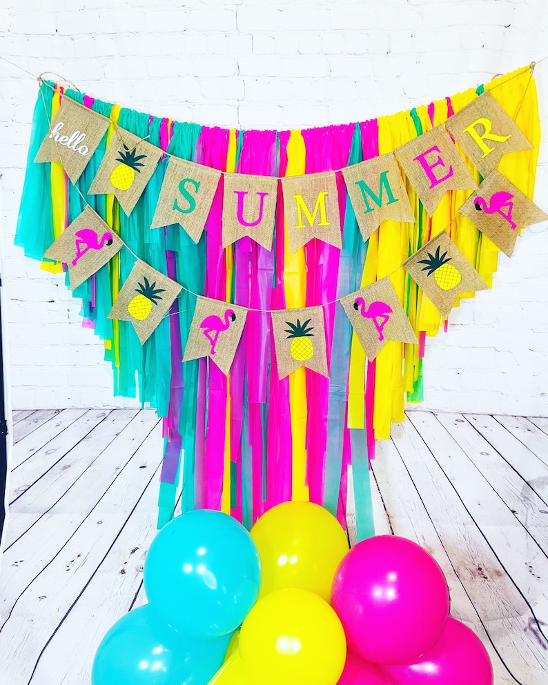 Hello Summer Backdrop, Summer, Pineapple, Flamingo, Fringe Backdrop, Plastic Tablecloth Backdrop, Streamers image 2