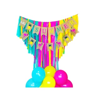 Hello Summer Backdrop, Summer, Pineapple, Flamingo, Fringe Backdrop, Plastic Tablecloth Backdrop, Streamers image 1