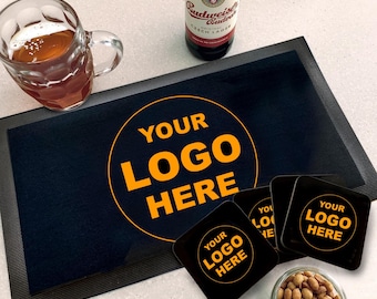 Personalisiertes Logo Bar Matte | Coaster Set - Business Logo Marke oder Bild | Individuell bedrucktes Hausbar-Läufer-Set