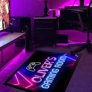 Personalised Gaming room mat | video games room Neon mat | Gamer teenagers room non slip gaming mat 60 x 40cm | 3 sizes available
